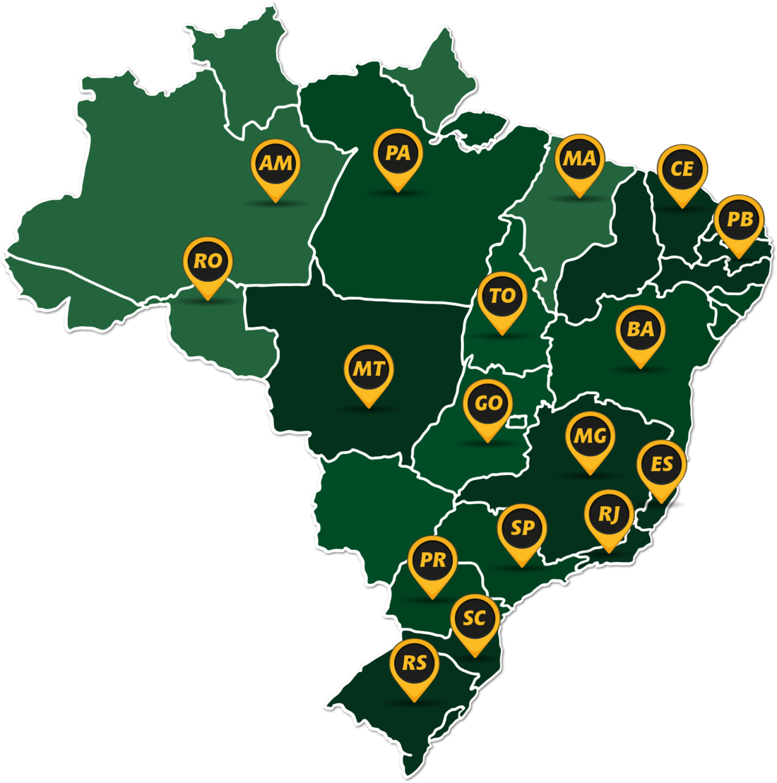 Mapa do Brasil com os centros de distribuição da Negrão